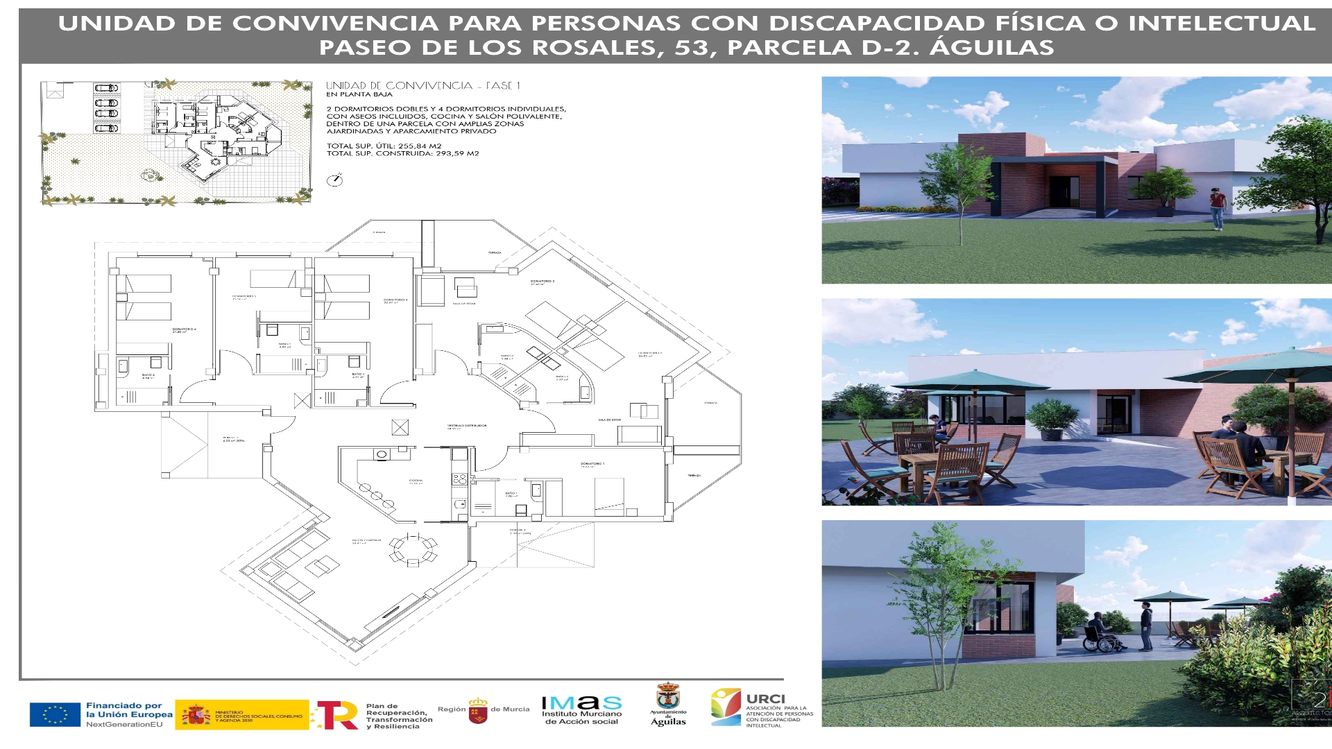 Panel informativo del proyecto de viviendas tuteladas con varias vistas del edificio.
