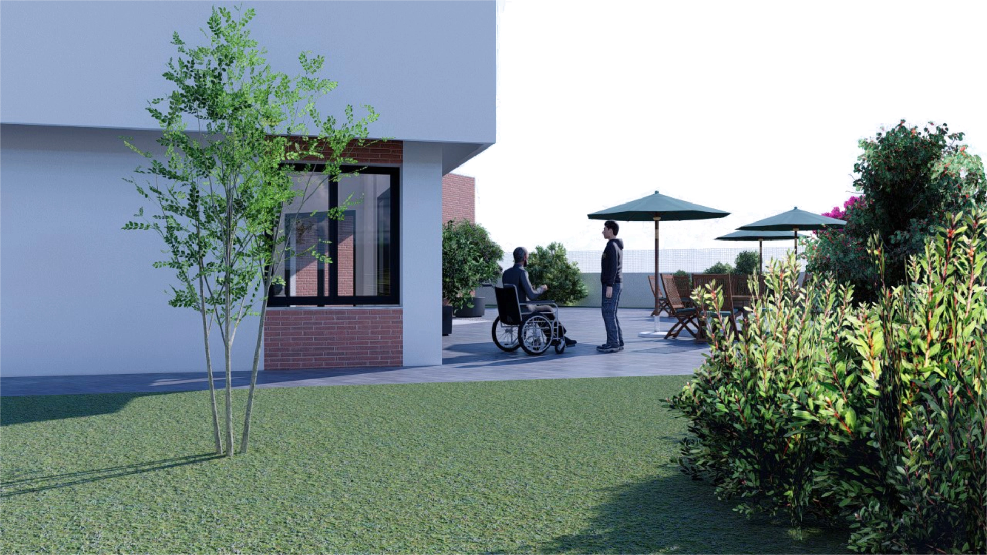 Recreación del proyecto de viviendas tuteladas: una persona en silla de ruedas junto a otra en la terraza.
